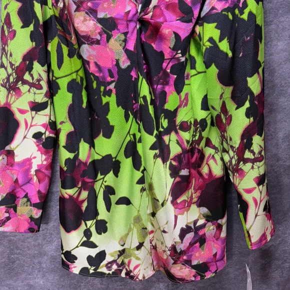 Natori Top Blouse Women's L Twist Neck Black Green Pink Floral Silky 3/4 Sleeve - Picture 3 of 13
